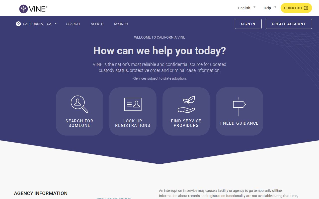 California VINELink search screen for Santa Clara County custody
