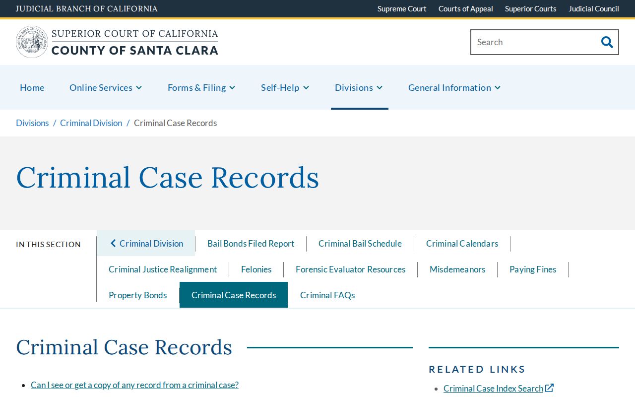 Santa Clara Superior Court criminal case records page