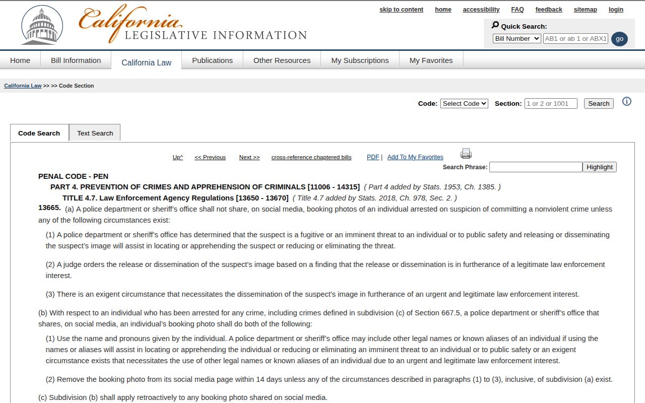 California Penal Code section 13665 booking photo rule